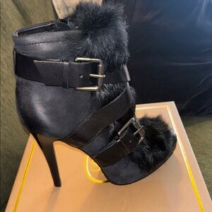 ASH  Black Fur-Trimmed Black LeathervPlatform  Boots NWT